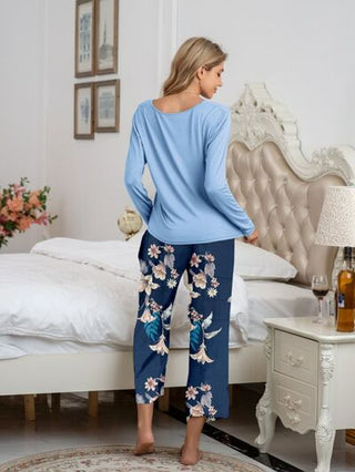 Round Neck Top and Printed Pants Lounge Set - A Roese Boutique