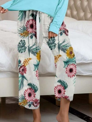 Round Neck Top and Printed Pants Lounge Set - A Roese Boutique