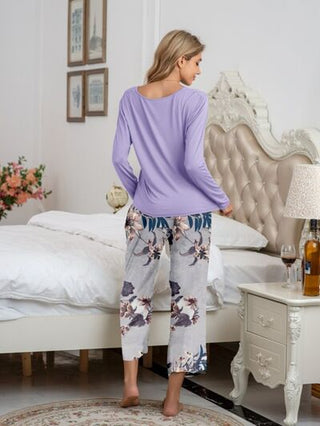 Round Neck Top and Printed Pants Lounge Set - A Roese Boutique