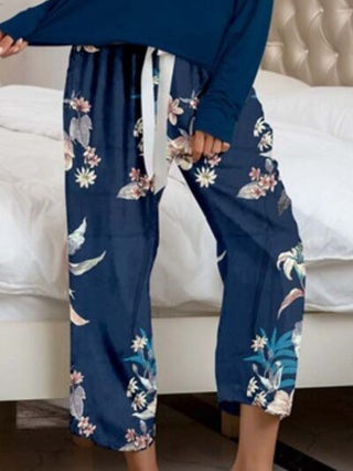 Round Neck Top and Printed Pants Lounge Set - A Roese Boutique