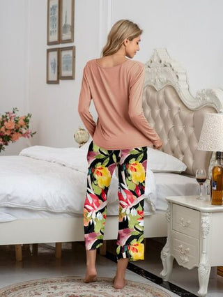 Round Neck Top and Printed Pants Lounge Set - A Roese Boutique