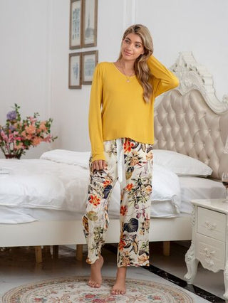 Round Neck Top and Printed Pants Lounge Set - A Roese Boutique