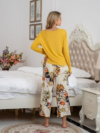 Round Neck Top and Printed Pants Lounge Set - A Roese Boutique