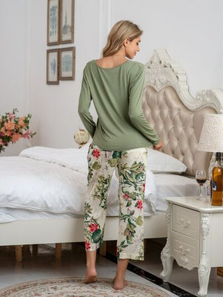 Round Neck Top and Printed Pants Lounge Set - A Roese Boutique