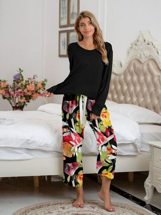 Round Neck Top and Printed Pants Lounge Set - A Roese Boutique