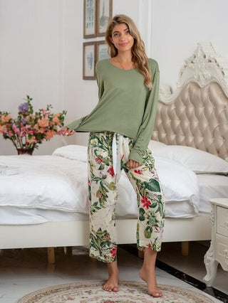 Round Neck Top and Printed Pants Lounge Set - A Roese Boutique