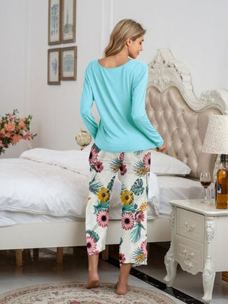 Round Neck Top and Printed Pants Lounge Set - A Roese Boutique