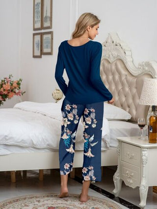 Round Neck Top and Printed Pants Lounge Set - A Roese Boutique