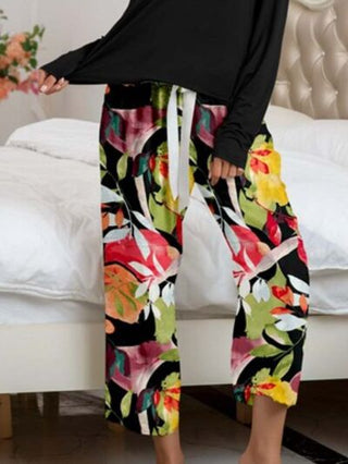 Round Neck Top and Printed Pants Lounge Set - A Roese Boutique