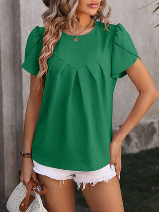 Ruched Round Neck Petal Sleeve Blouse - A Roese Boutique