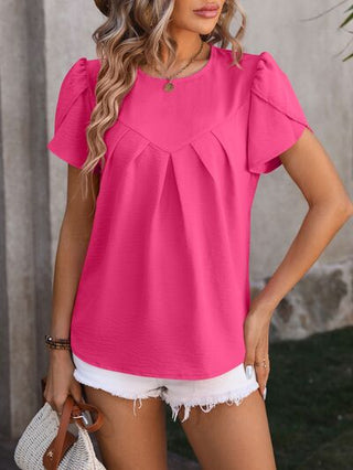 Ruched Round Neck Petal Sleeve Blouse - A Roese Boutique