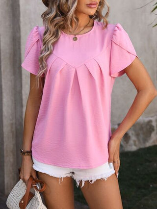 Ruched Round Neck Petal Sleeve Blouse - A Roese Boutique