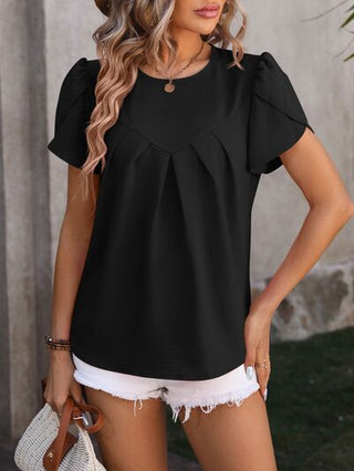 Ruched Round Neck Petal Sleeve Blouse - A Roese Boutique