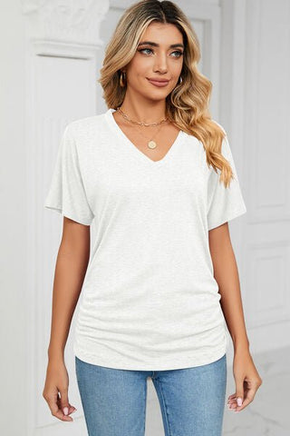 Ruched V-Neck Short Sleeve T-Shirt - A Roese Boutique