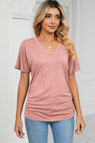 Ruched V-Neck Short Sleeve T-Shirt - A Roese Boutique