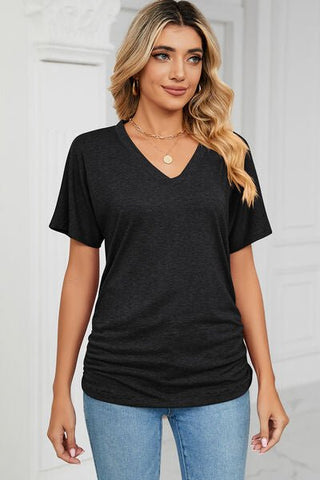 Ruched V-Neck Short Sleeve T-Shirt - A Roese Boutique