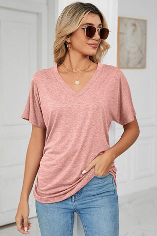 Ruched V-Neck Short Sleeve T-Shirt - A Roese Boutique