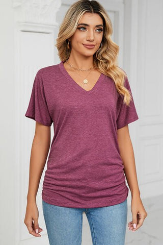 Ruched V-Neck Short Sleeve T-Shirt - A Roese Boutique