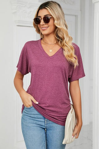 Ruched V-Neck Short Sleeve T-Shirt - A Roese Boutique