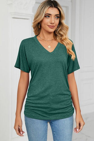 Ruched V-Neck Short Sleeve T-Shirt - A Roese Boutique