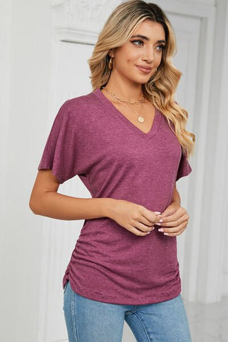 Ruched V-Neck Short Sleeve T-Shirt - A Roese Boutique