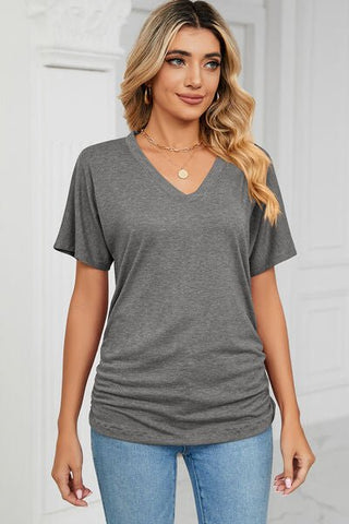 Ruched V-Neck Short Sleeve T-Shirt - A Roese Boutique