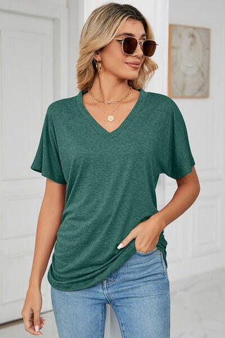 Ruched V-Neck Short Sleeve T-Shirt - A Roese Boutique