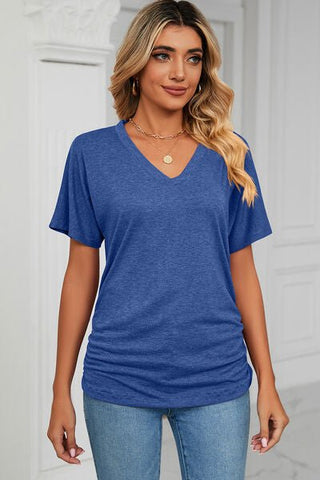 Ruched V-Neck Short Sleeve T-Shirt - A Roese Boutique