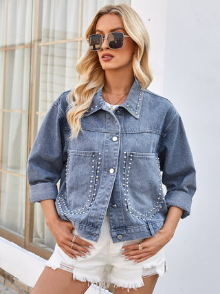 Studded Long Sleeve Denim Jacket - A Roese Boutique