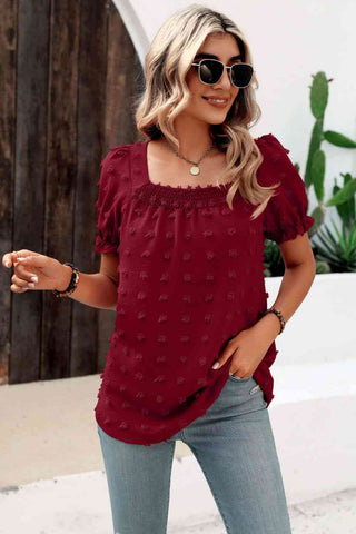 Swiss Dot Puff Sleeve Square Neck Blouse - A Roese Boutique