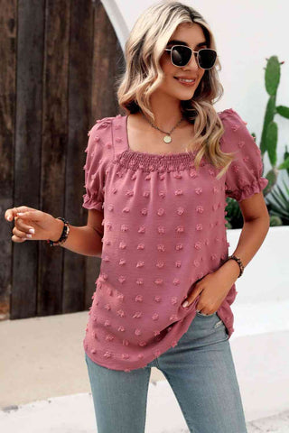 Swiss Dot Puff Sleeve Square Neck Blouse - A Roese Boutique