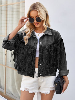 Tassel Button Up Dropped Shoulder Denim Jacket - A Roese Boutique