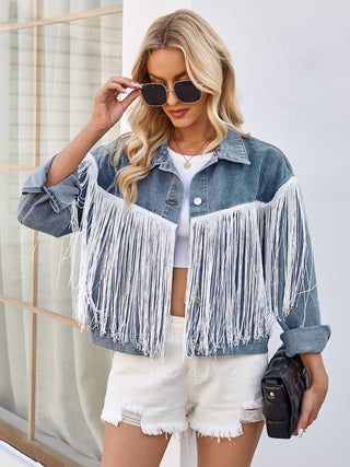 Tassel Button Up Dropped Shoulder Denim Jacket - A Roese Boutique