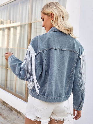 Tassel Button Up Dropped Shoulder Denim Jacket - A Roese Boutique