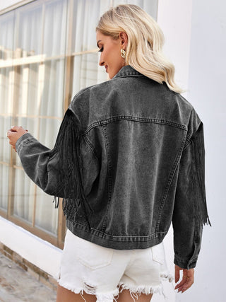 Tassel Button Up Dropped Shoulder Denim Jacket - A Roese Boutique