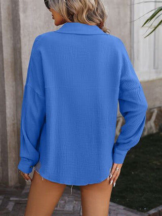 Textured Pocketed Button Up Dropped Shoulder Shirt - A Roese Boutique