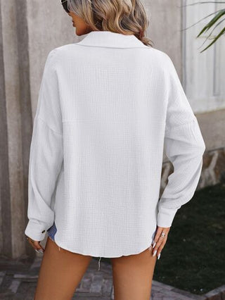 Textured Pocketed Button Up Dropped Shoulder Shirt - A Roese Boutique