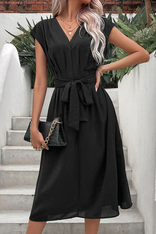 Tie Belt V-Neck Pleated Dress - A Roese Boutique