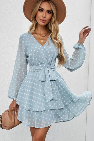 Tied Layered Polka Dot Balloon Sleeve Dress - A Roese Boutique