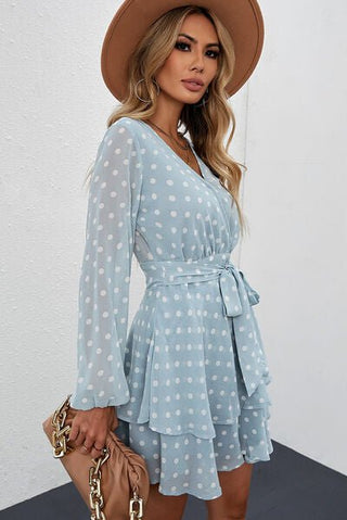 Tied Layered Polka Dot Balloon Sleeve Dress - A Roese Boutique