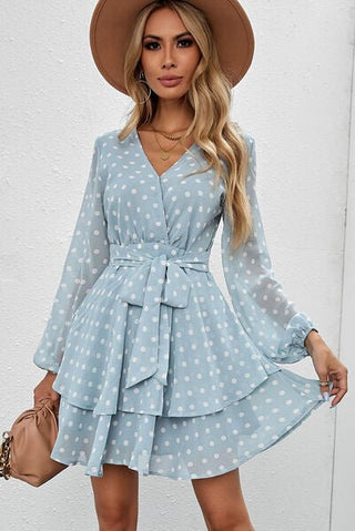 Tied Layered Polka Dot Balloon Sleeve Dress - A Roese Boutique