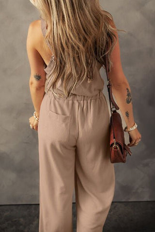 Waffle-Knit Drawstring Wide Strap Jumpsuit - A Roese Boutique