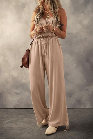 Waffle-Knit Drawstring Wide Strap Jumpsuit - A Roese Boutique