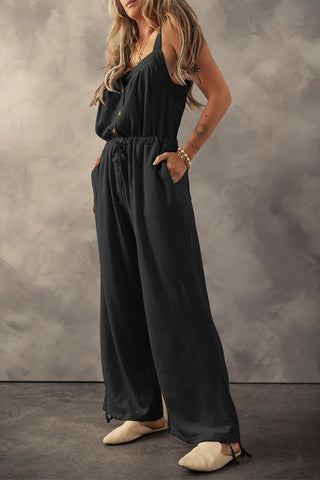 Waffle-Knit Drawstring Wide Strap Jumpsuit - A Roese Boutique