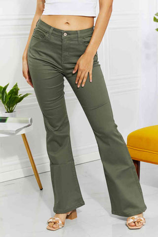 Zenana Clementine Full Size High-Rise Bootcut Jeans in Olive - A Roese Boutique