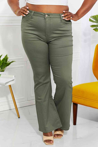 Zenana Clementine Full Size High-Rise Bootcut Jeans in Olive - A Roese Boutique