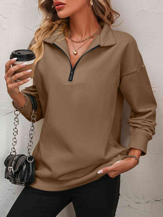 Zip-Up Dropped Shoulder Sweatshirt - A Roese Boutique