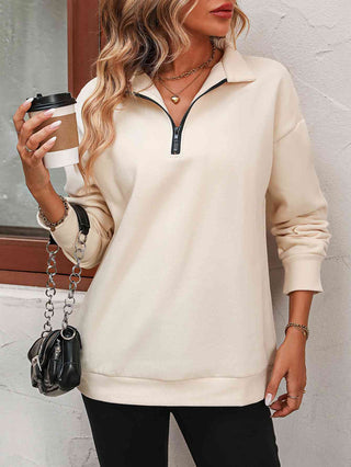 Zip-Up Dropped Shoulder Sweatshirt - A Roese Boutique