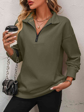 Zip-Up Dropped Shoulder Sweatshirt - A Roese Boutique