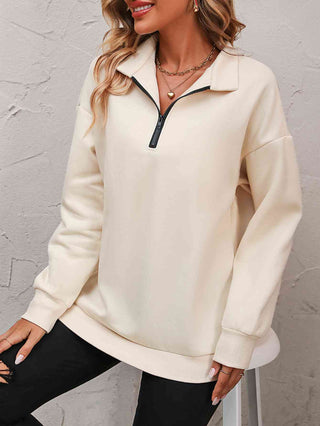 Zip-Up Dropped Shoulder Sweatshirt - A Roese Boutique